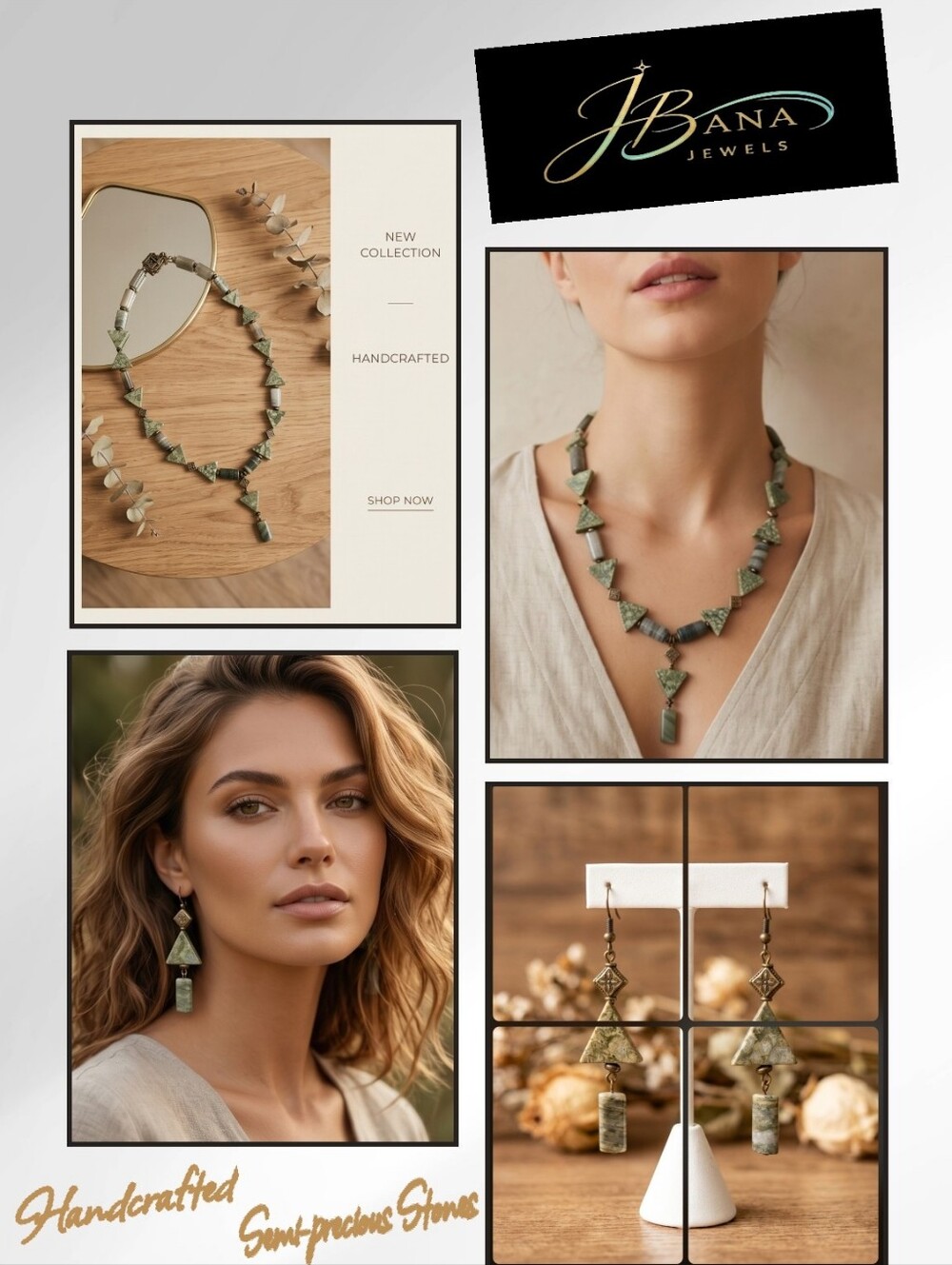 Green Serpentine Triangle Stone Necklace and Earrings Set